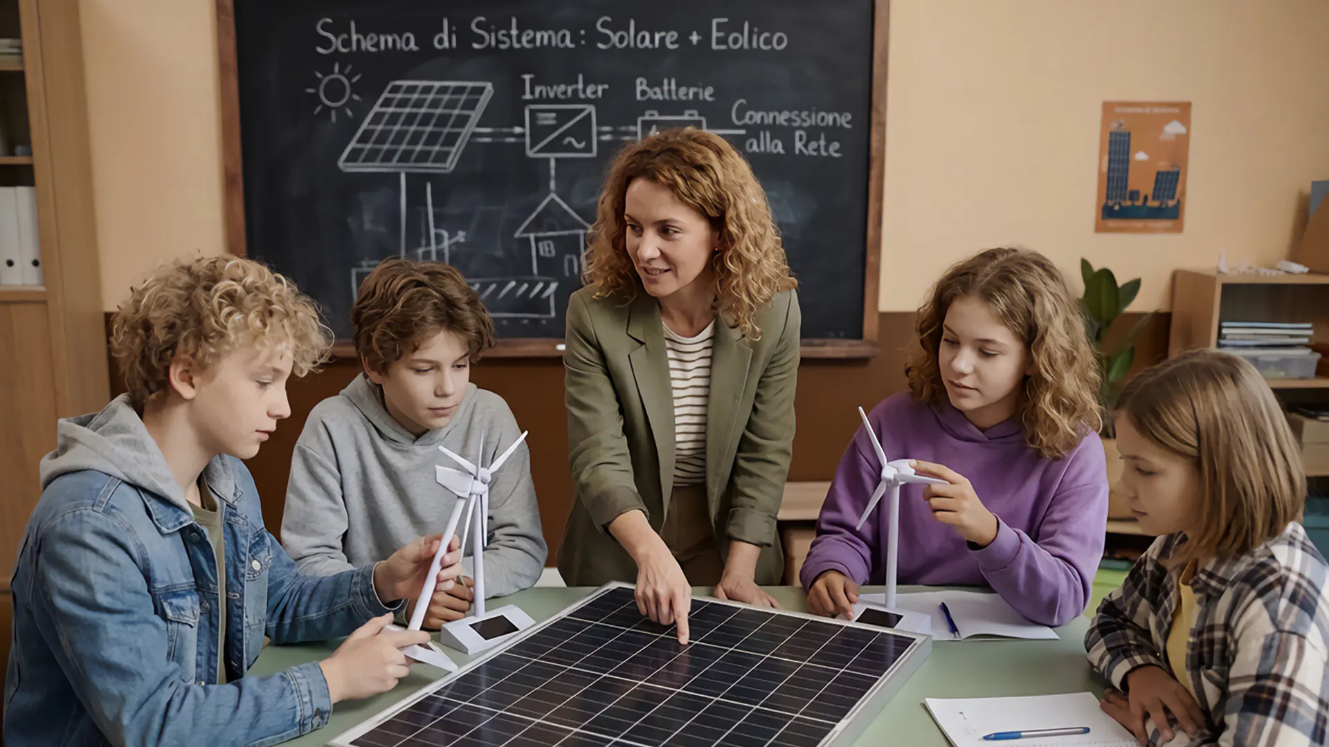 Studenti e docente attorno a un pannello fotovoltaico in aula