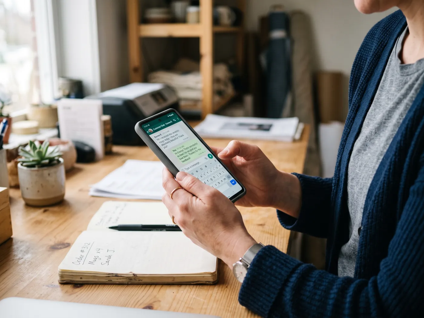 Una professionista risponde a un cliente su WhatsApp dal telefono, alla scrivania del suo negozio